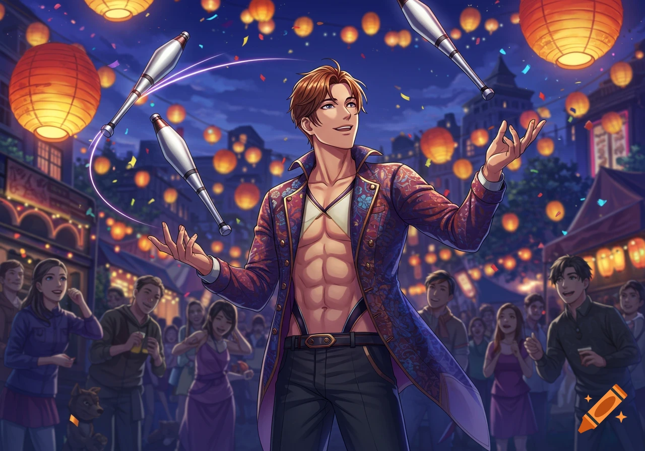 Handsome anime-style male juggler with an open jacket showing abs, performing at a vibrant night festival with lanterns and confetti.