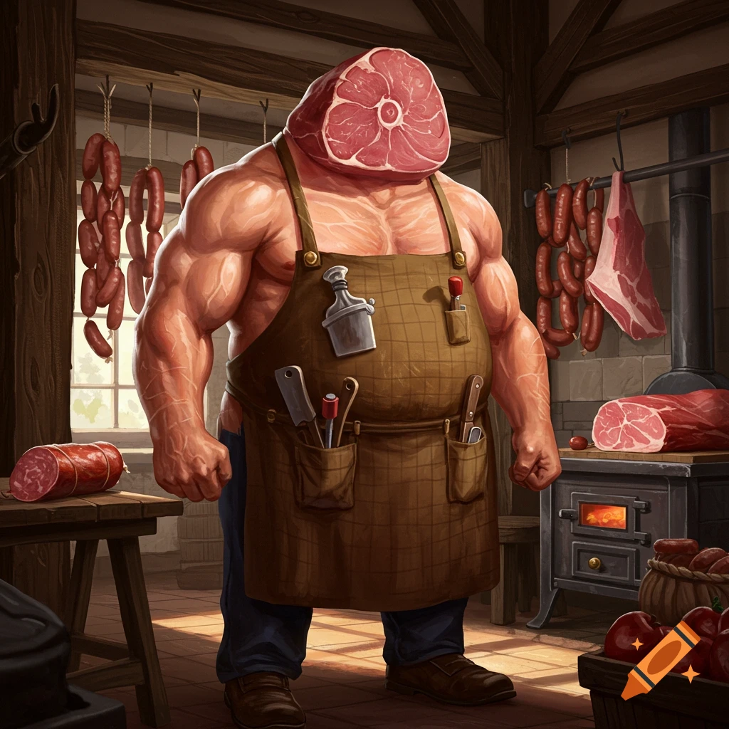 Muscular man with a raw meat head wears a butcher's apron in a rustic meat shop, surrounded by hanging sausages and cuts of meat. Detailed illustration.