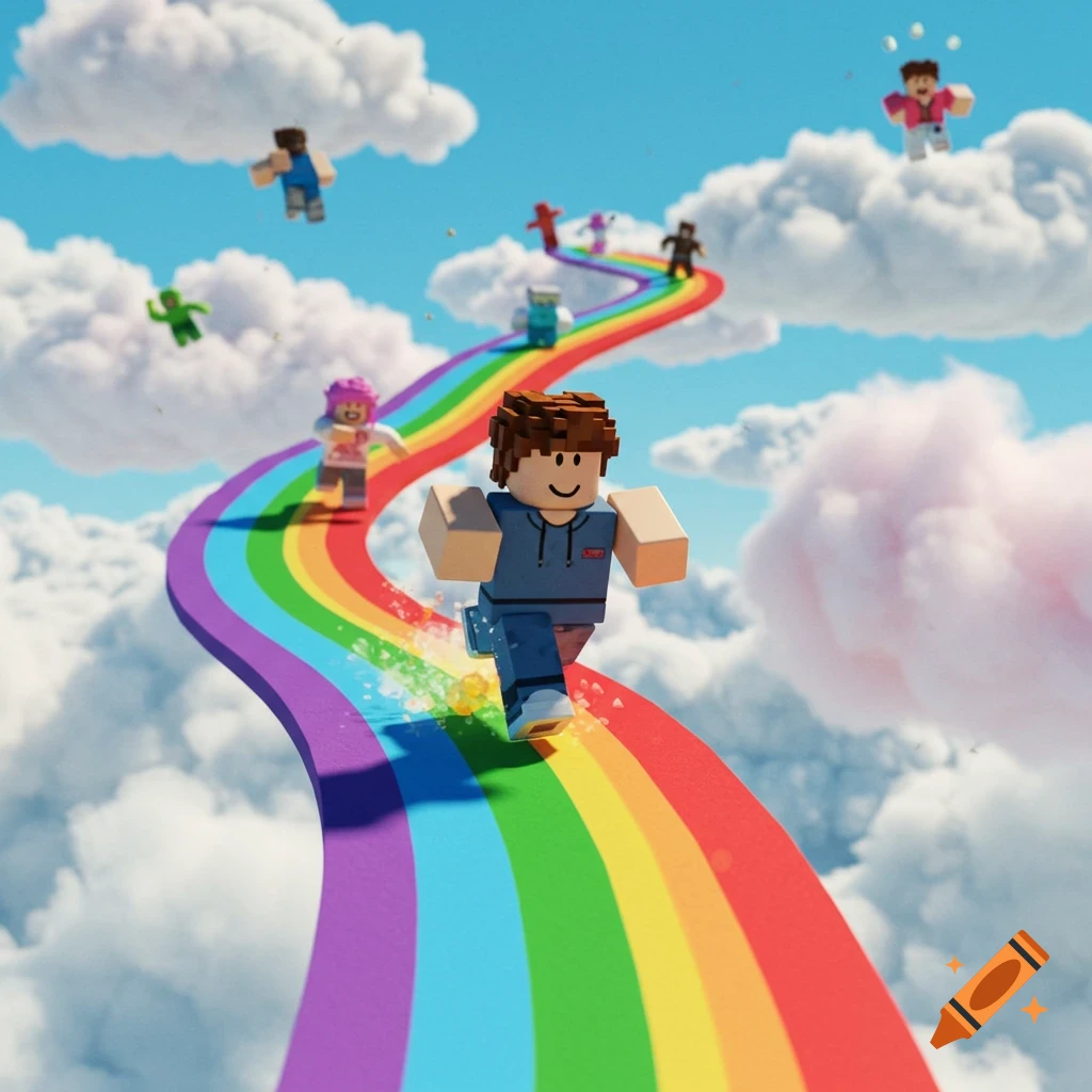 Blocky Roblox-style characters run and fall along a vibrant rainbow path winding through fluffy white clouds in a bright blue sky, digital art.