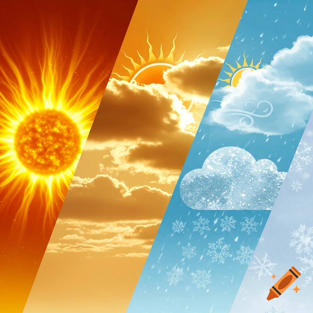 A diagonal four-panel image showing weather symbols: fiery hot sun, warm sun with clouds, cool sun with rain, and cold snowflakes.