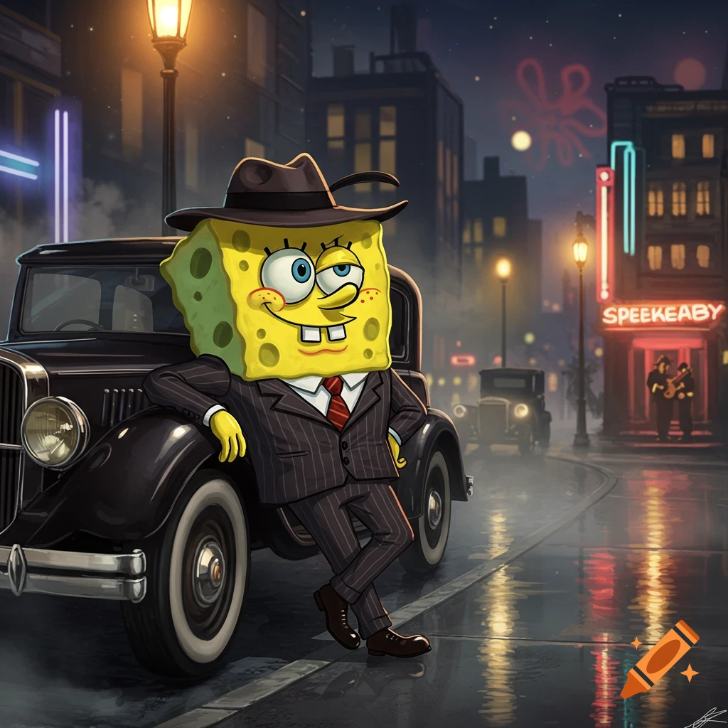 Spongebob Squarepants dressed as a gangster in a pinstripe suit and fedora, leaning against a vintage car on a rainy city street at night, with neon lights reflecting on the wet ground.