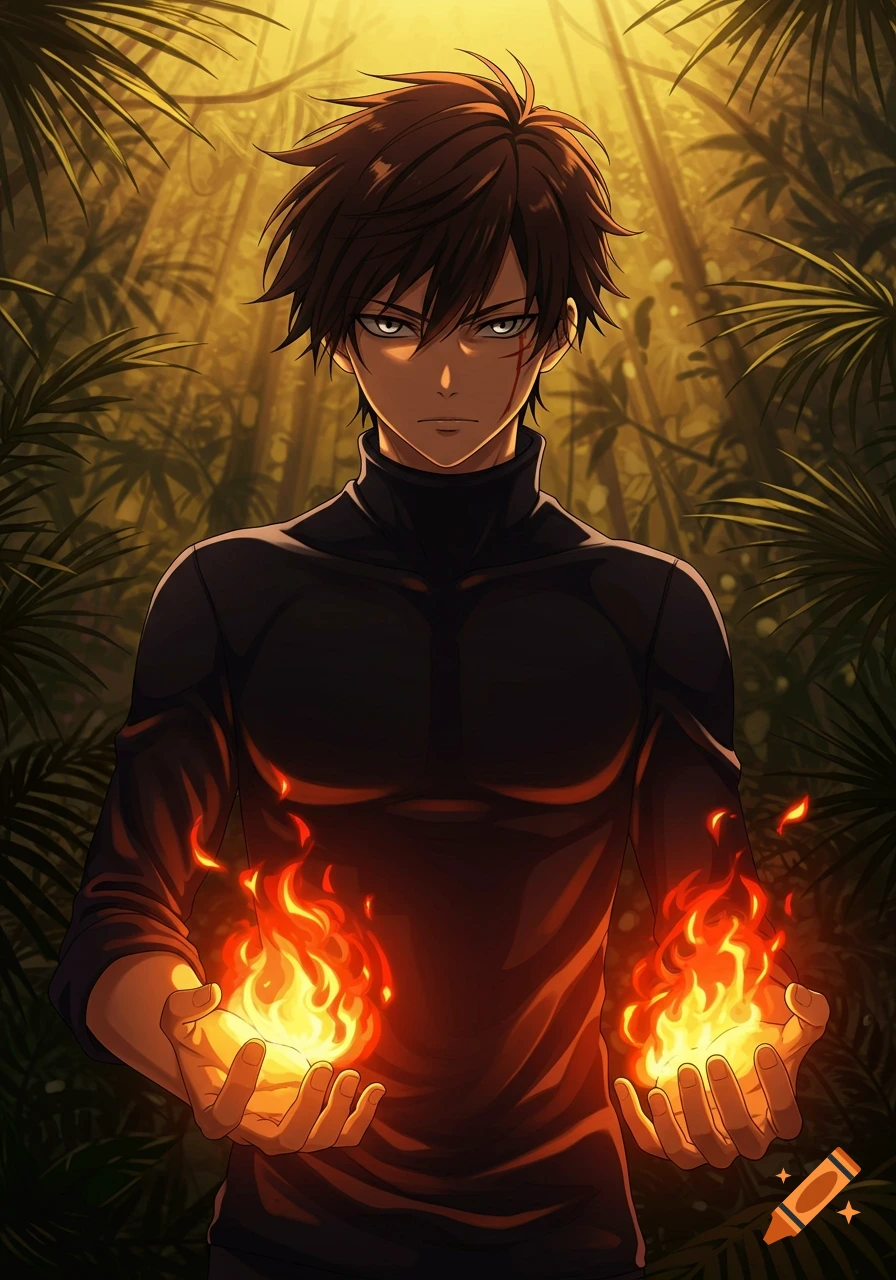 An anime man with dark brown hair and grey eyes, wearing a dark turtleneck, holds glowing fire in his hands in a jungle.