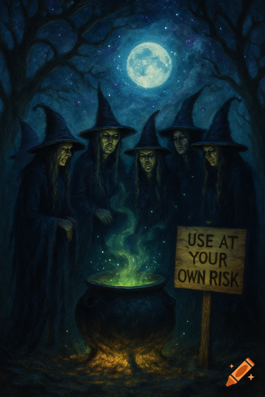 Five grotesque witches gather around a bubbling cauldron under a full moon in a dark forest, with a sign reading "USE AT YOUR OWN RISK".