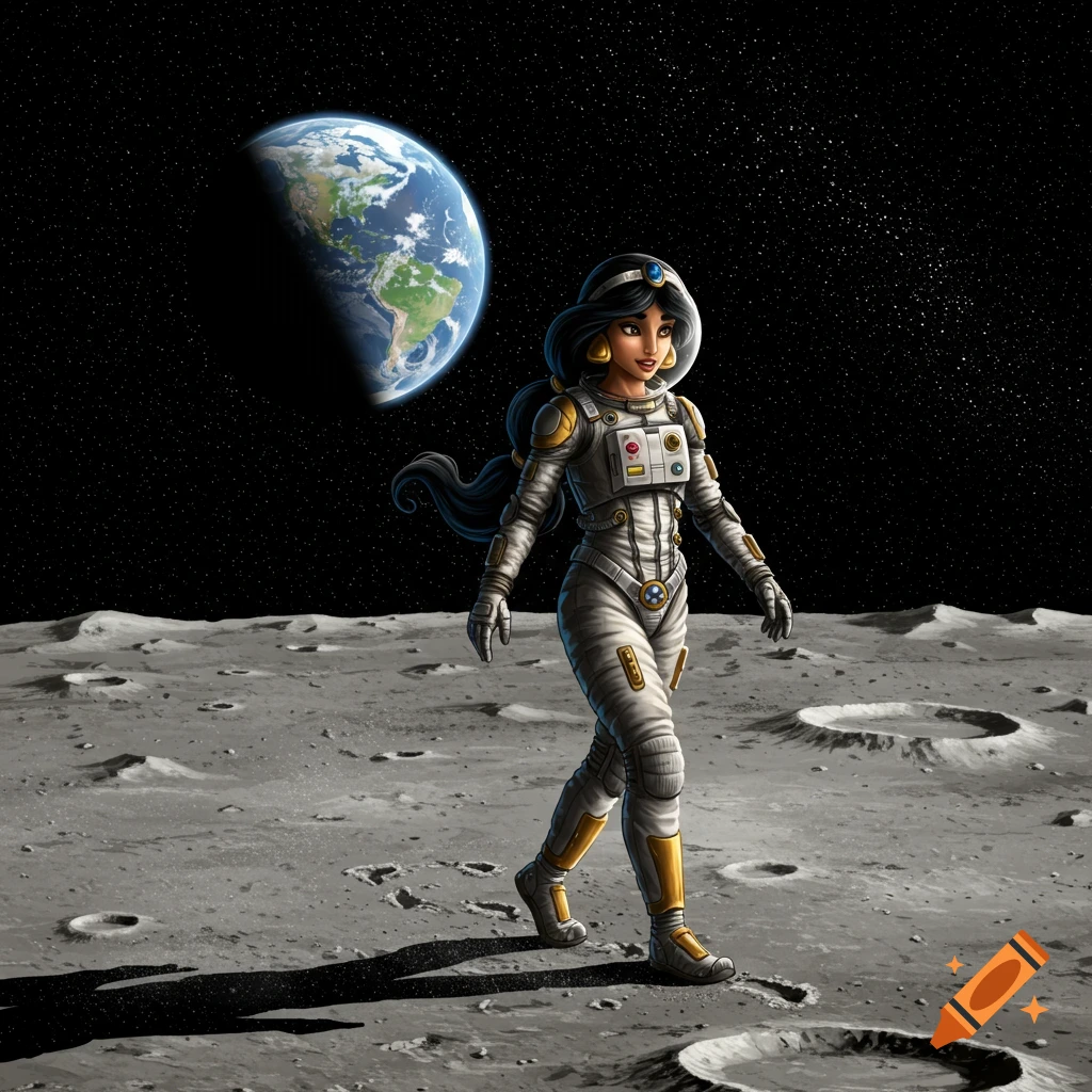 Princess Jasmine, as an astronaut in a white and gold suit, walks across the cratered surface of the moon with Earth visible in the black starry sky.