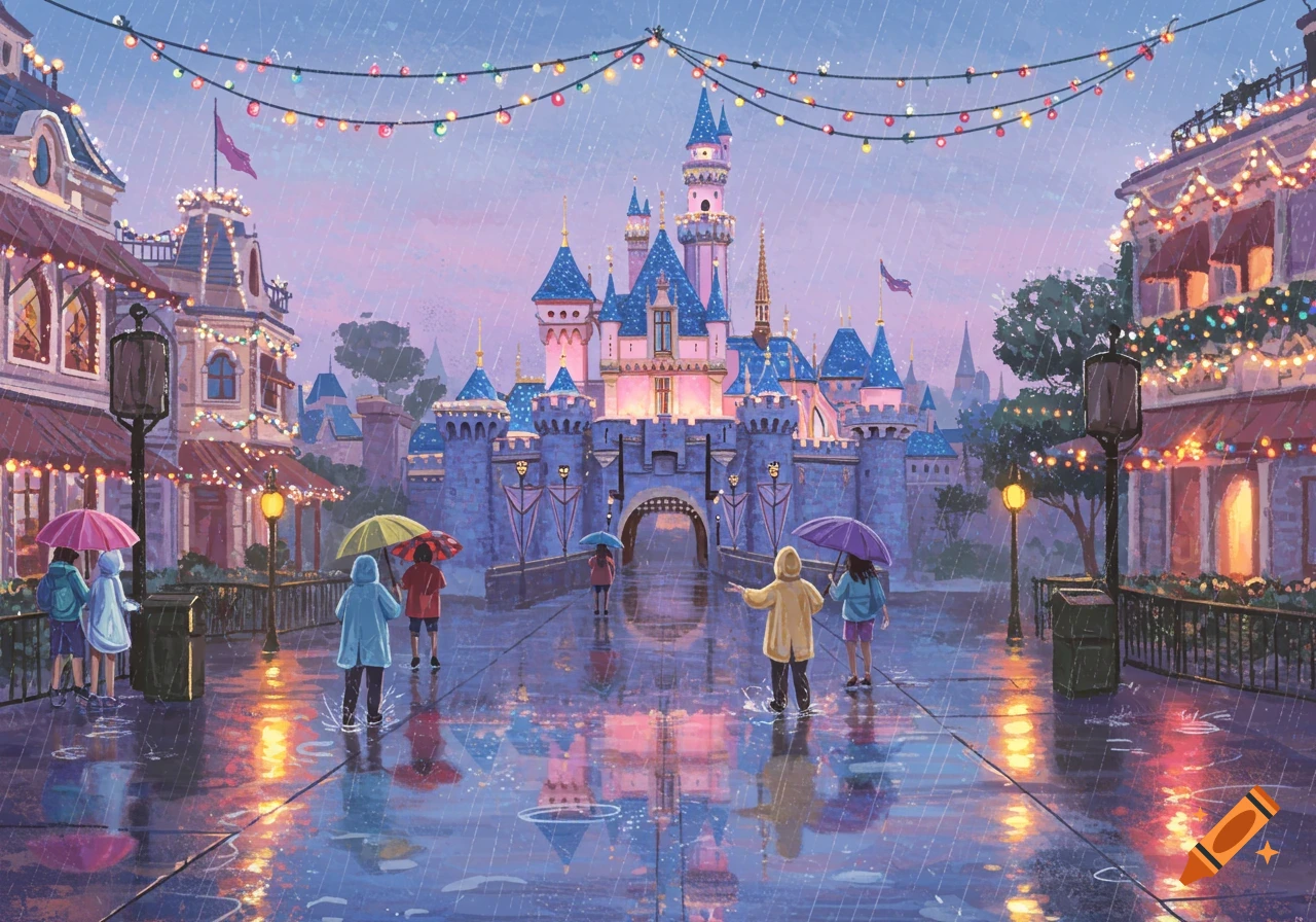 A whimsical, pastel-colored Disney-like castle stands in the rain at dusk, with festive lights strung across the street, as people walk with umbrellas.