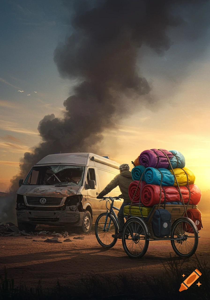 A person on a bicycle with a loaded trailer cycles past a crashed white van with smoke rising in a desolate landscape at sunset.