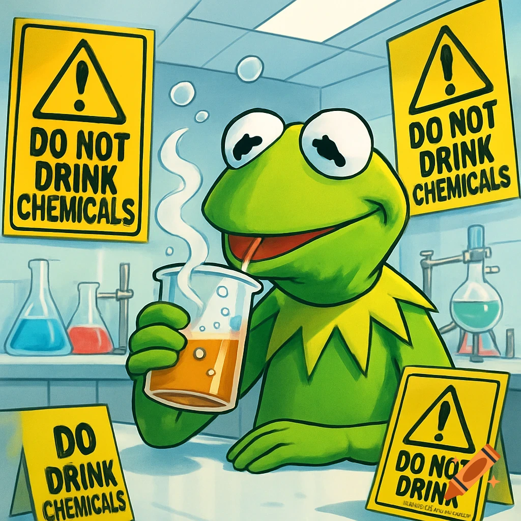 Kermit the Frog sips from a beaker in a lab with 'DO NOT DRINK CHEMICALS' signs, a humorous lab safety meme.