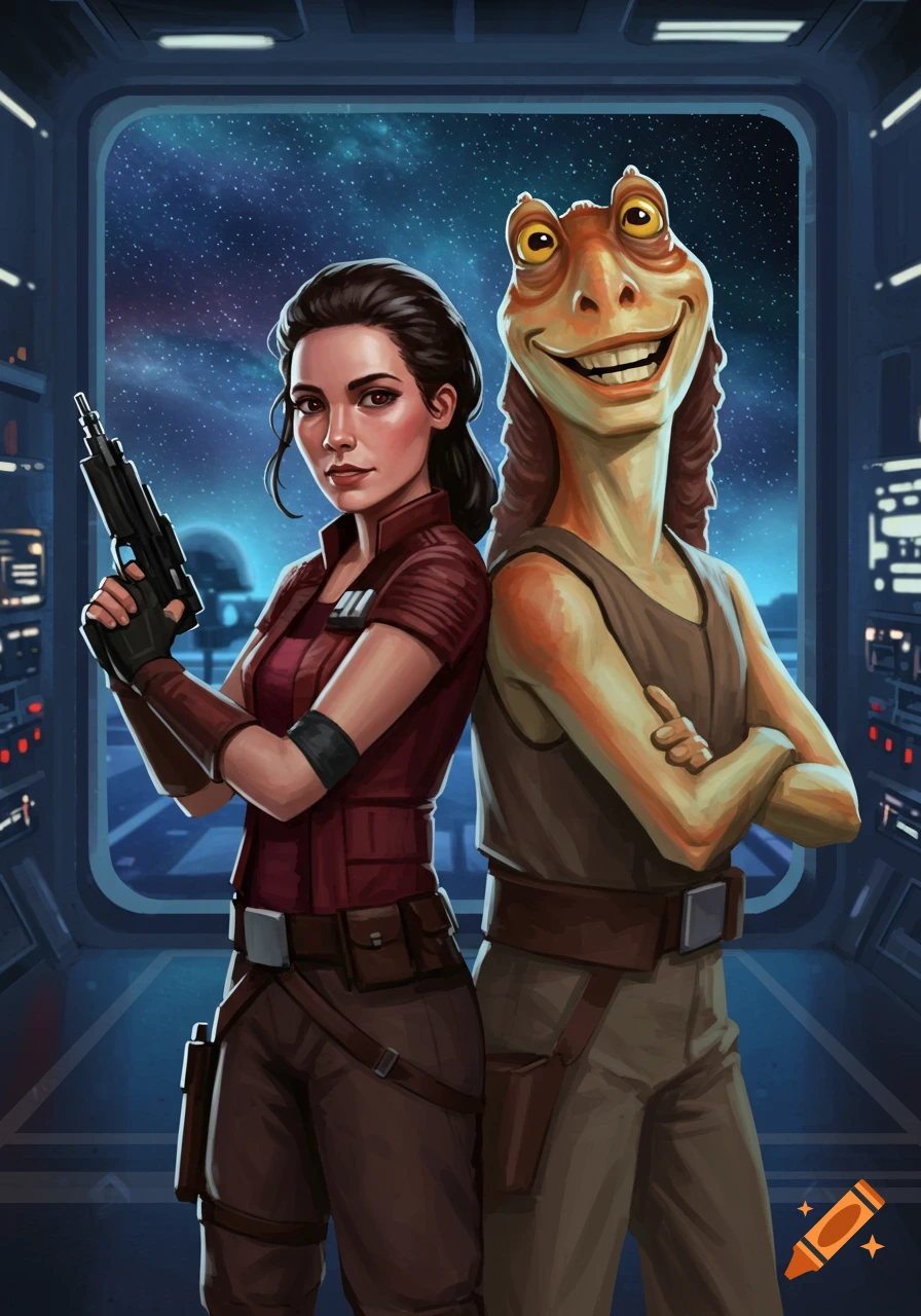 Illustrated image of Rose Tico and Jar Jar Binks standing back-to-back in a spaceship with space visible outside the window.