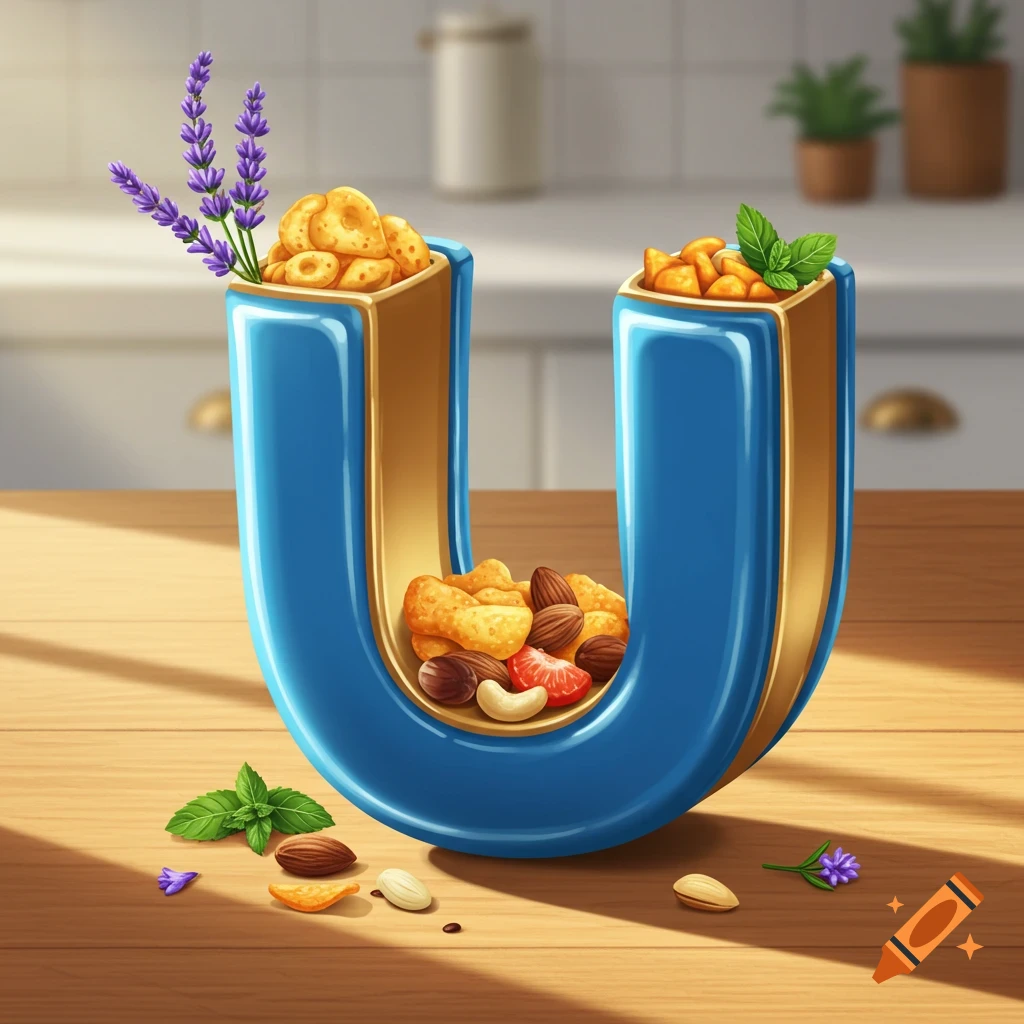 Stylized blue letter U filled with nuts, dried fruit, and snacks, garnished with lavender and mint on a wooden kitchen counter.