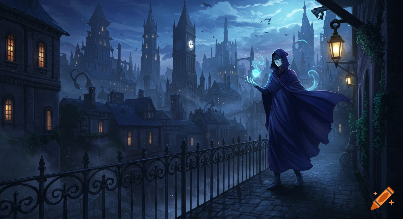 An anime-style robed figure casting magic on a balcony overlooking a dark, fantastical city at night.