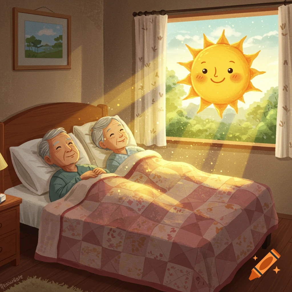 Cartoon illustration of a smiling elderly Asian couple in bed, bathed in sunlight from a window with a cheerful cartoon sun.
