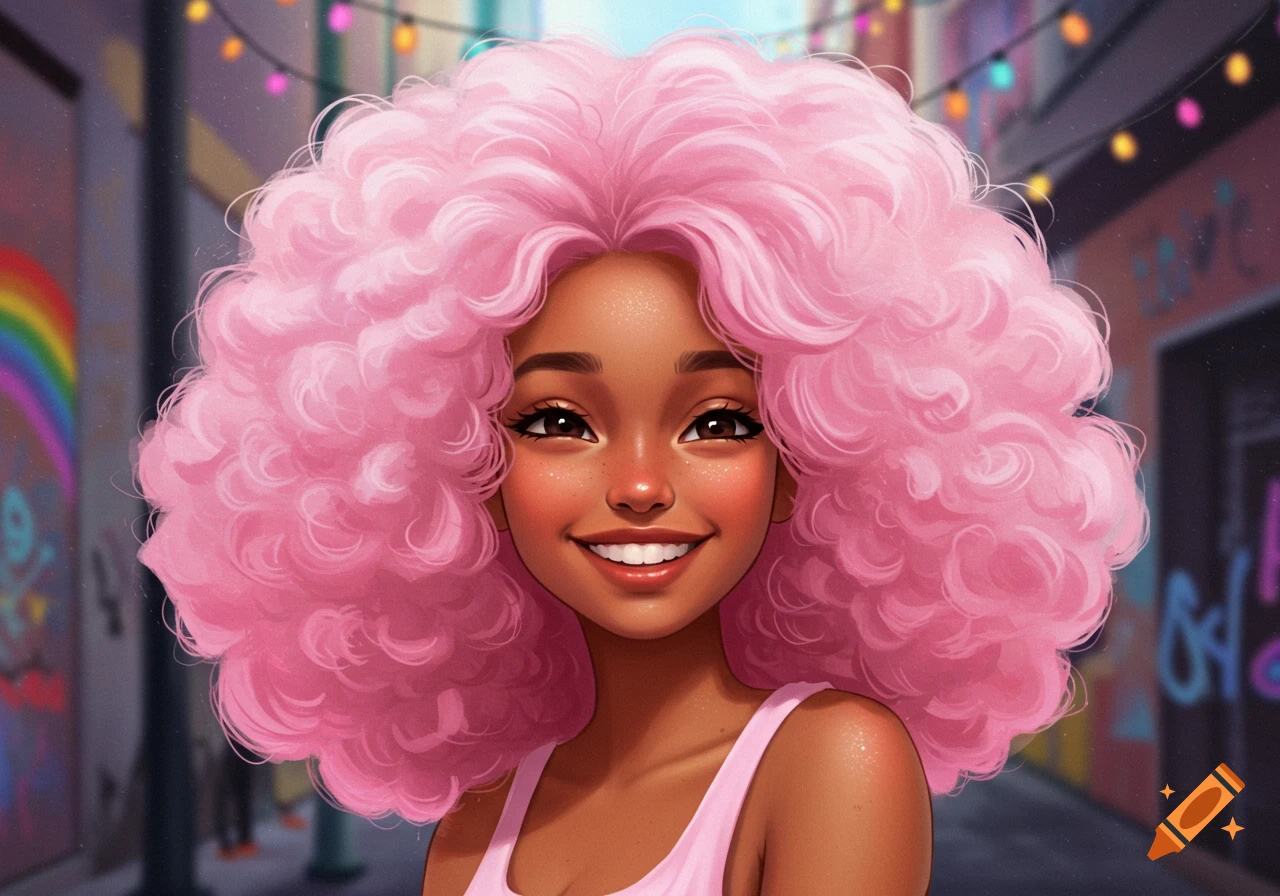 A smiling brown girl with voluminous cotton candy pink hair in a pink tank top, against a blurred street background with string lights and faint graffiti.