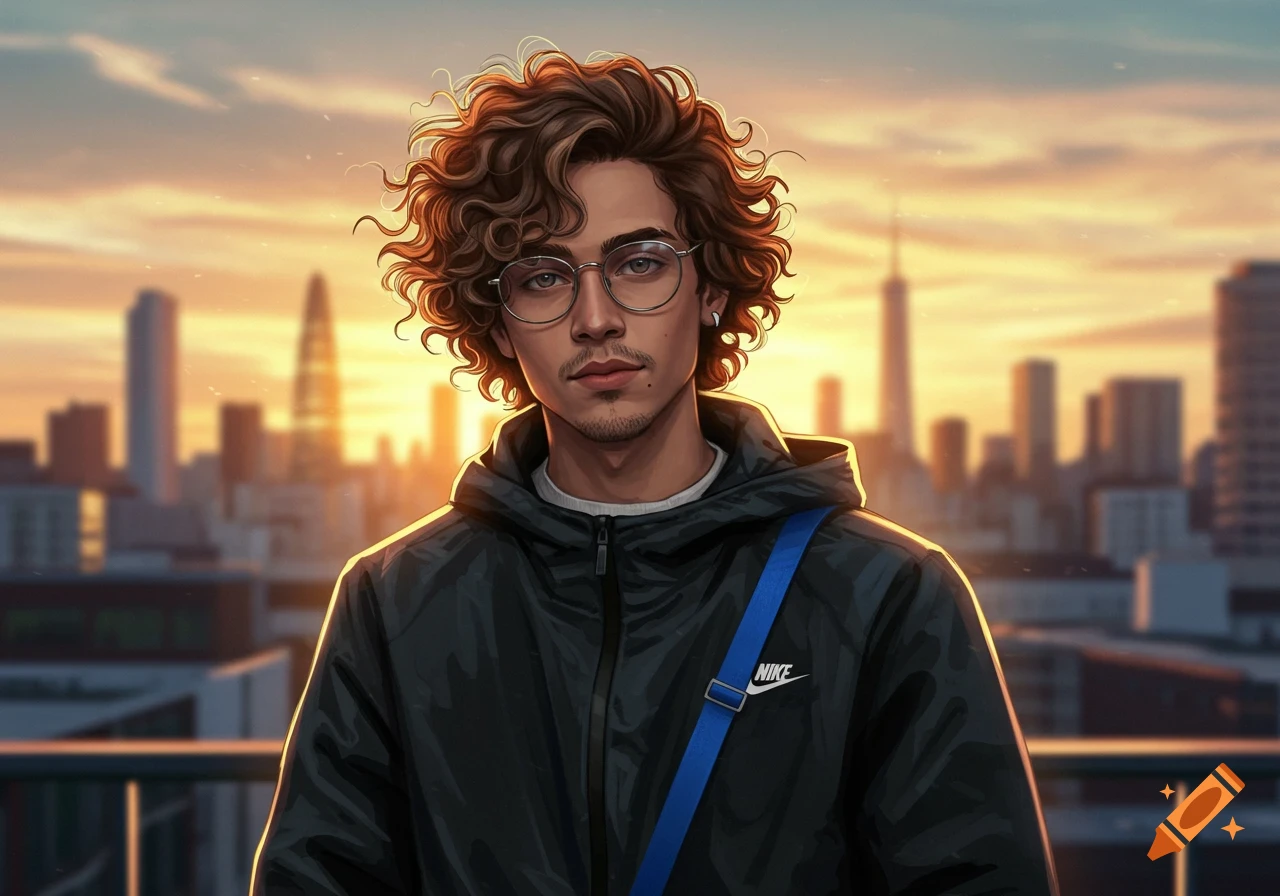 Digital illustration of a young man with curly hair and glasses, wearing a black jacket, against a sunset city skyline.