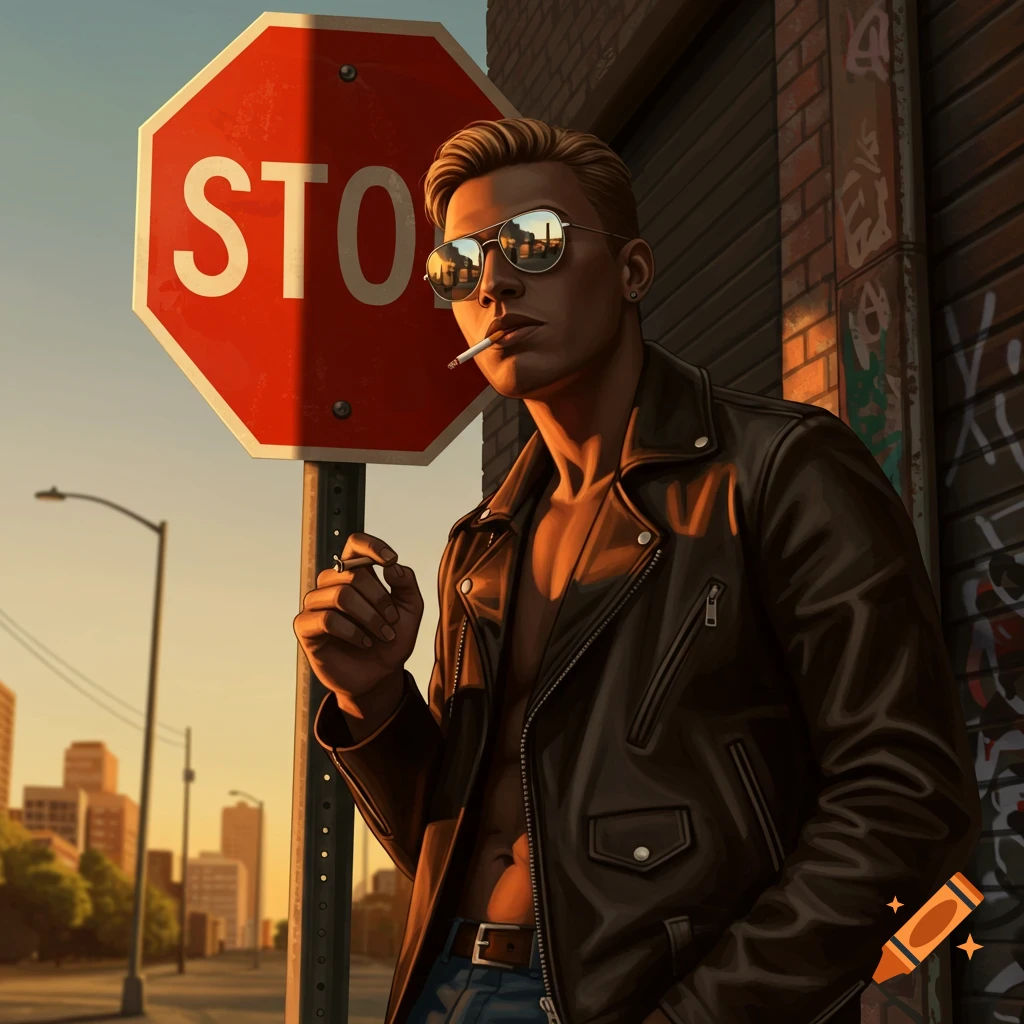 An illustrated man with blond hair and sunglasses, wearing an open leather jacket and smoking a cigarette, leaning against a red stop sign in a city at sunset.