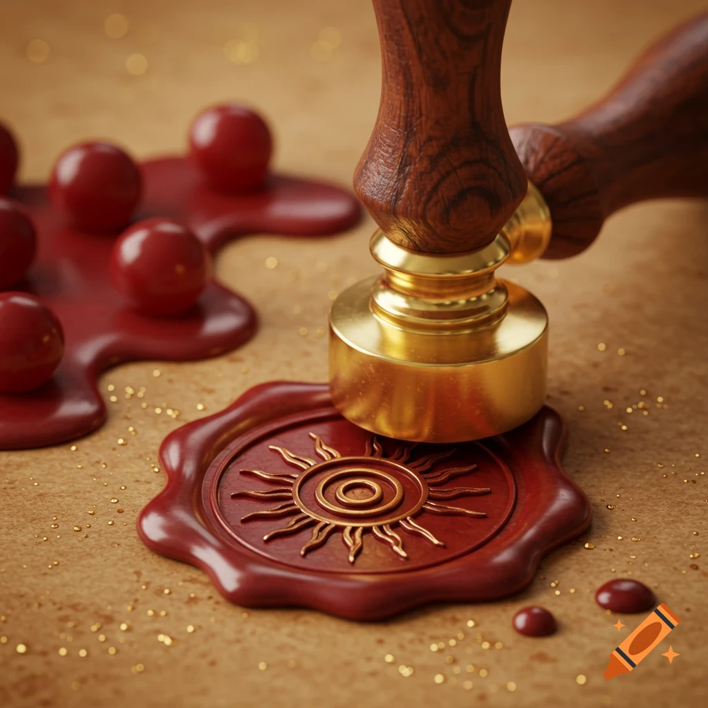 A wooden wax seal stamp pressing into a red wax seal with a golden sun emblem, on a textured surface with golden specks and wax drops.