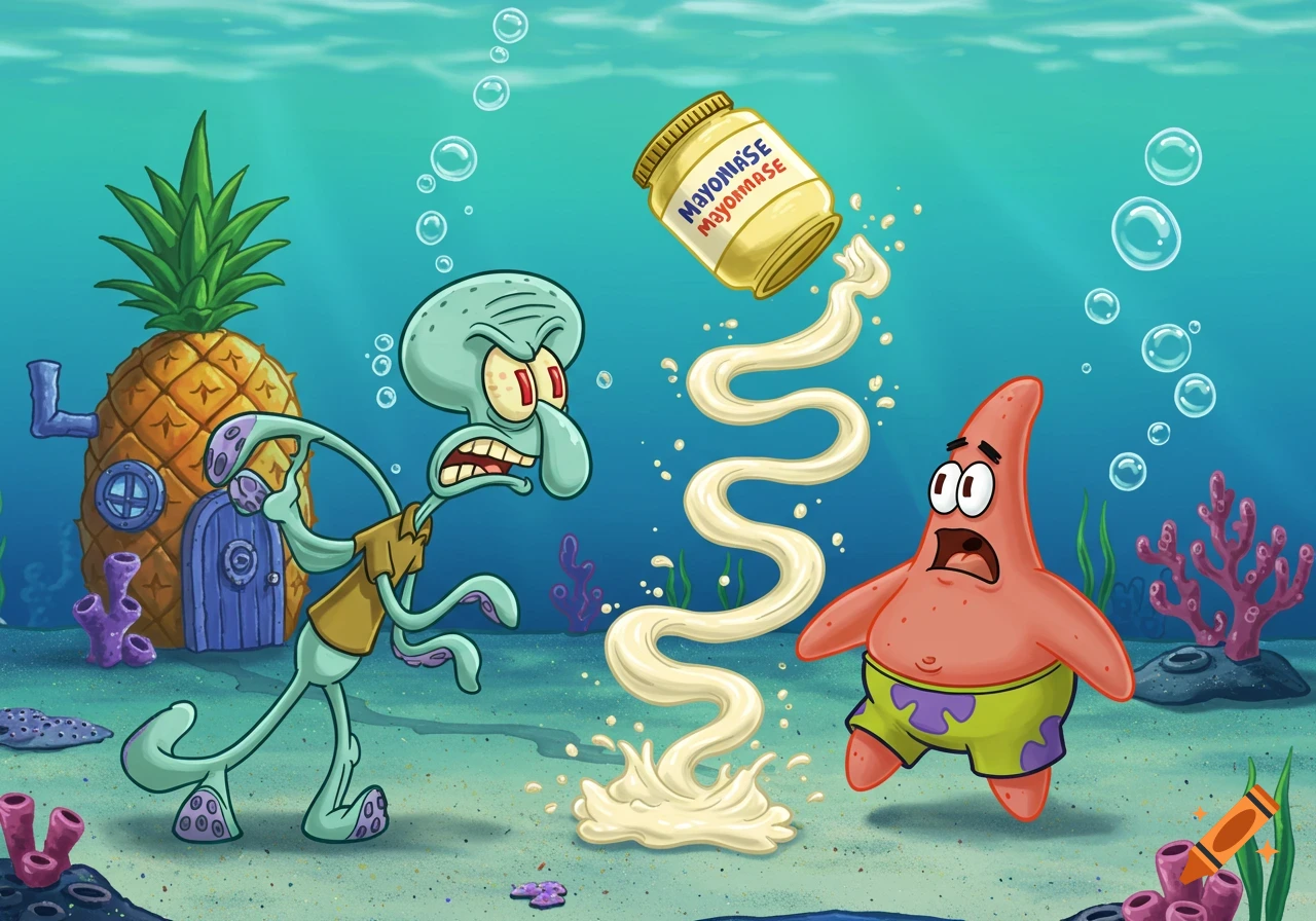 A furious Squidward throws a jar of mayonnaise at a terrified Patrick Star in an underwater cartoon scene near Spongebob's pineapple house.