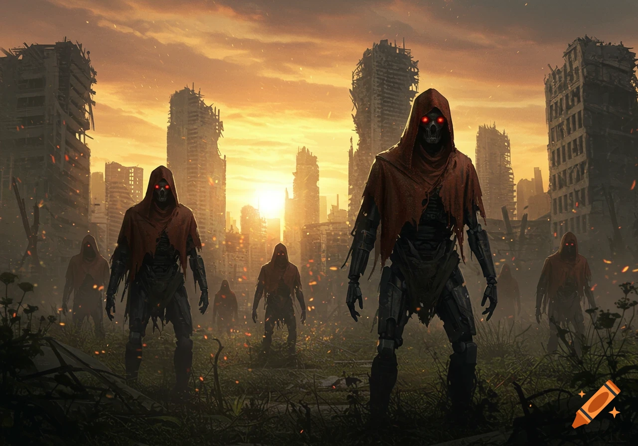 Post-apocalyptic robots in red hoods with glowing eyes stand in a ruined city at sunset, digital art.