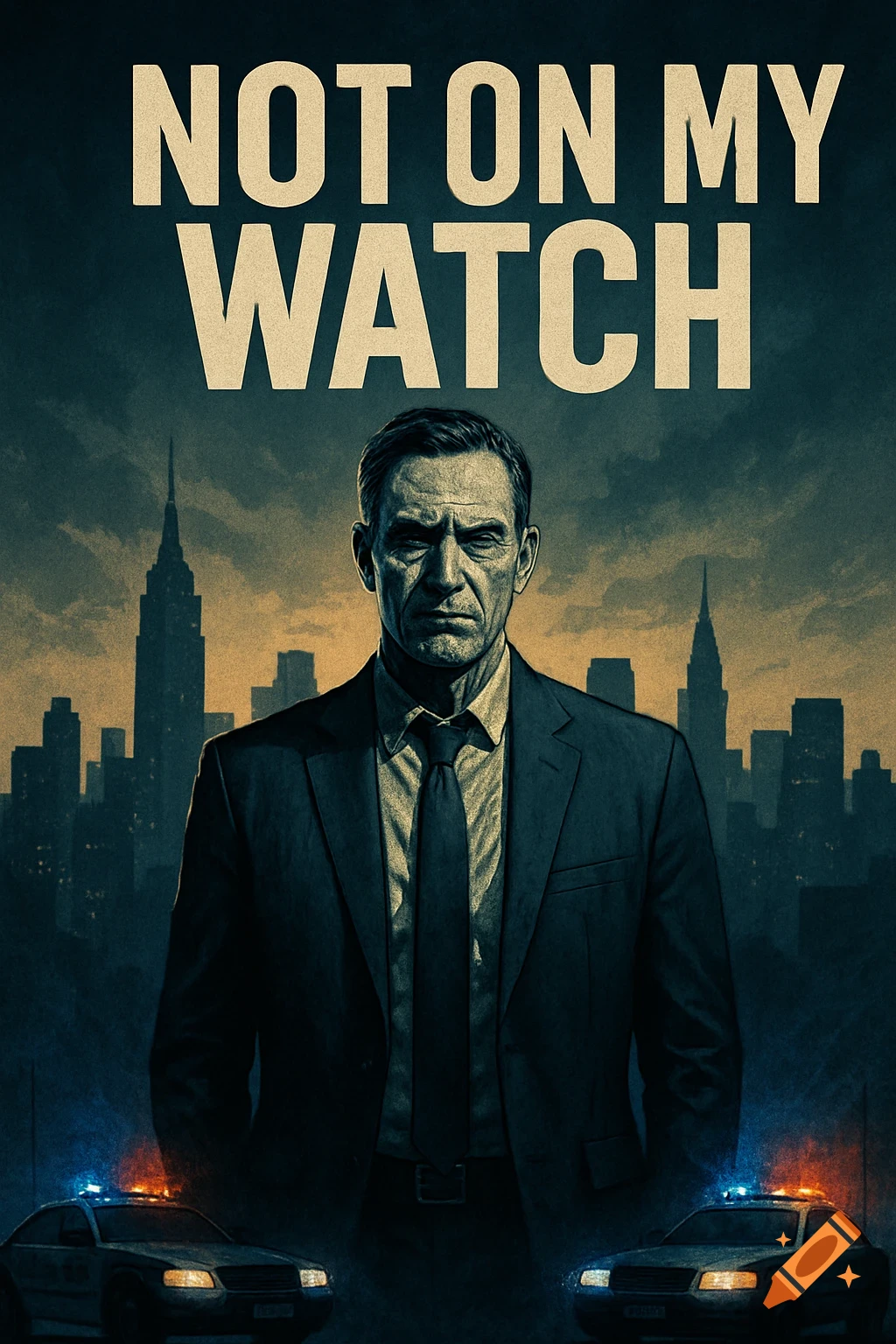 Movie poster for 'Not On My Watch' featuring a stern man in a suit against a city skyline with police cars.