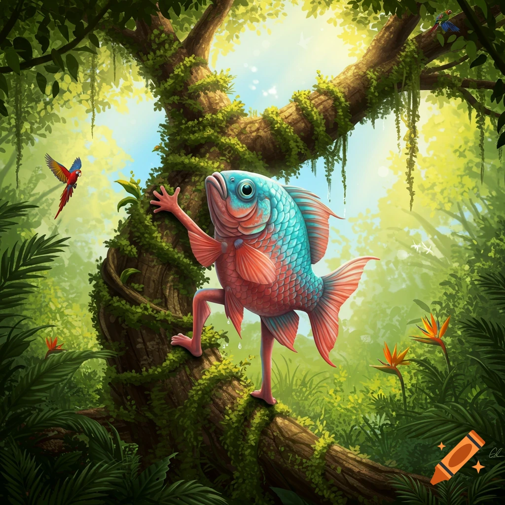 An illustrated whimsical red and blue fish with legs and arms climbs a mossy tree in a lush jungle.