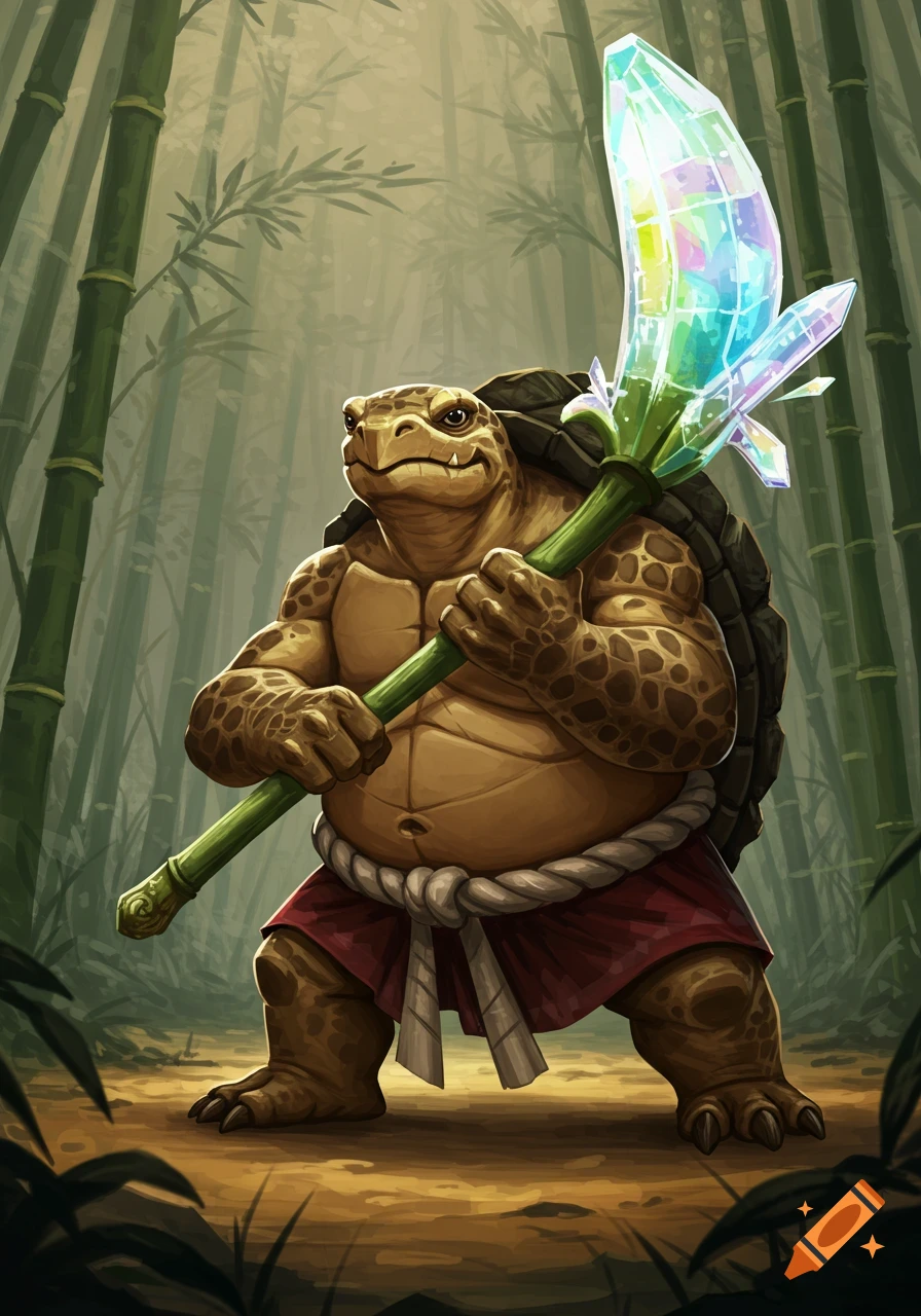 A muscular, sumo-like anthropomorphic turtle, resembling a Kappa, holds a large crystal banana-shaped weapon in a bamboo forest.