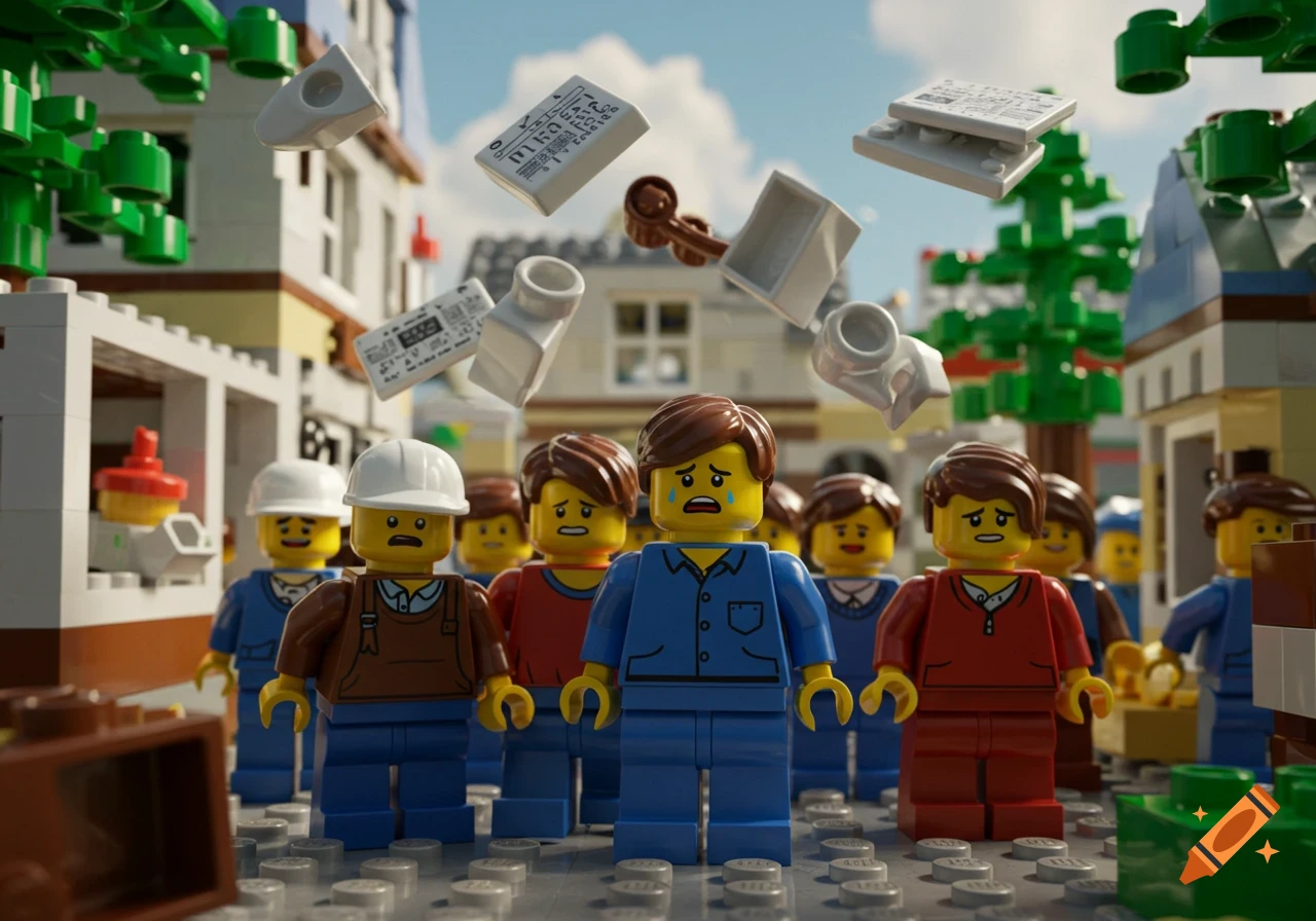 Lego figures with shocked, sad, and fearful expressions stand in a Lego town as white Lego pieces float in the air.