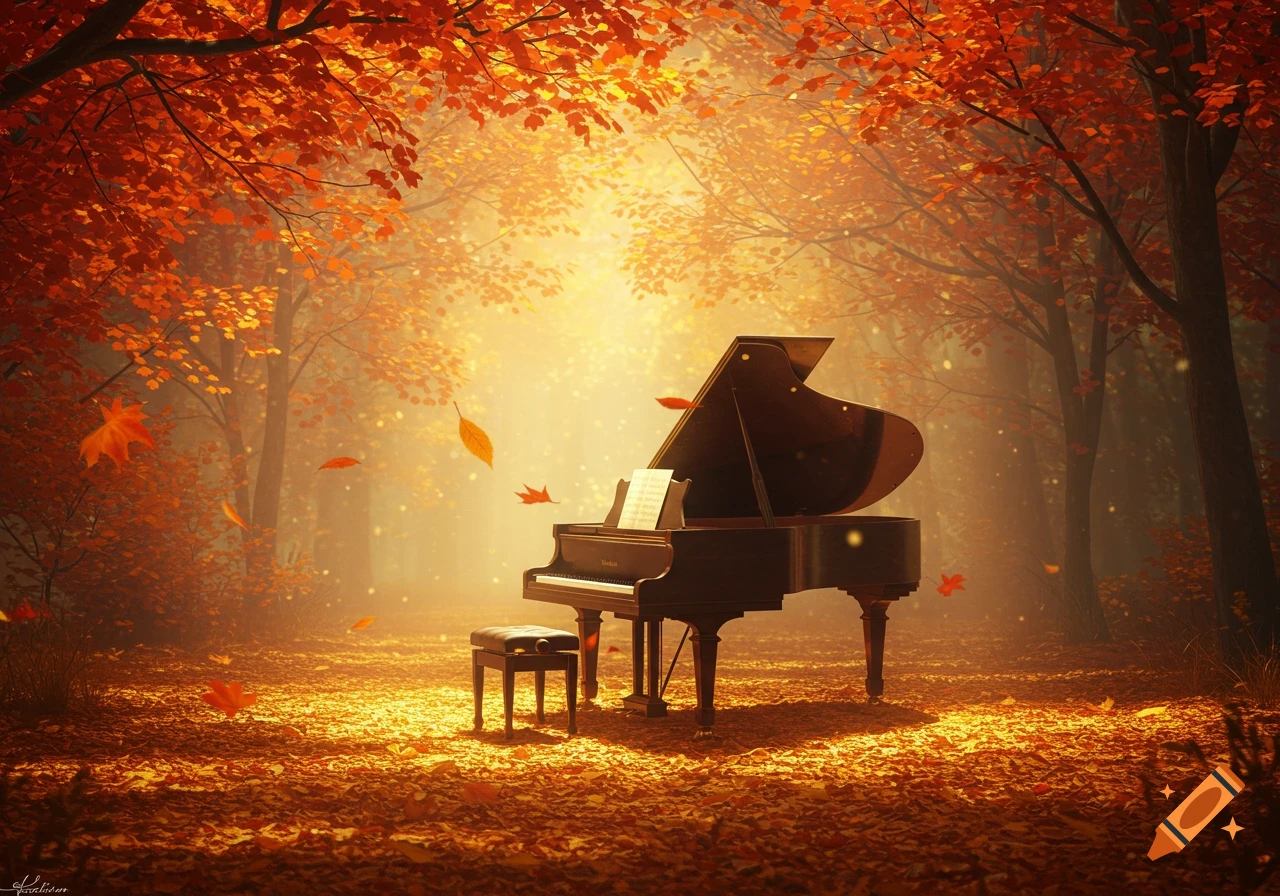 A grand piano and stool sit on a forest floor covered in fallen autumn leaves under vibrant orange and red trees with a glowing background.