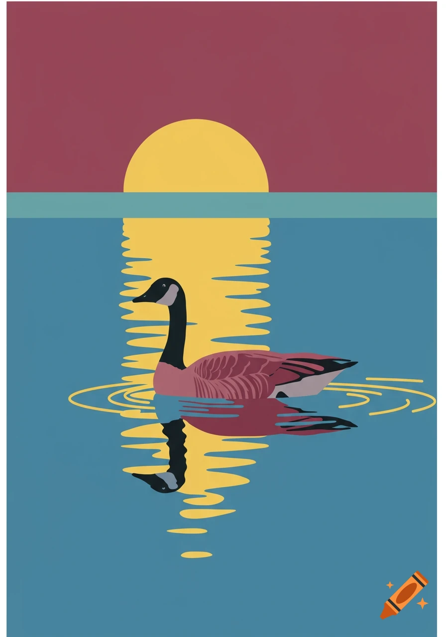 A minimalist flat illustration of a Canadian goose swimming on water with a golden sunset reflecting on the surface.