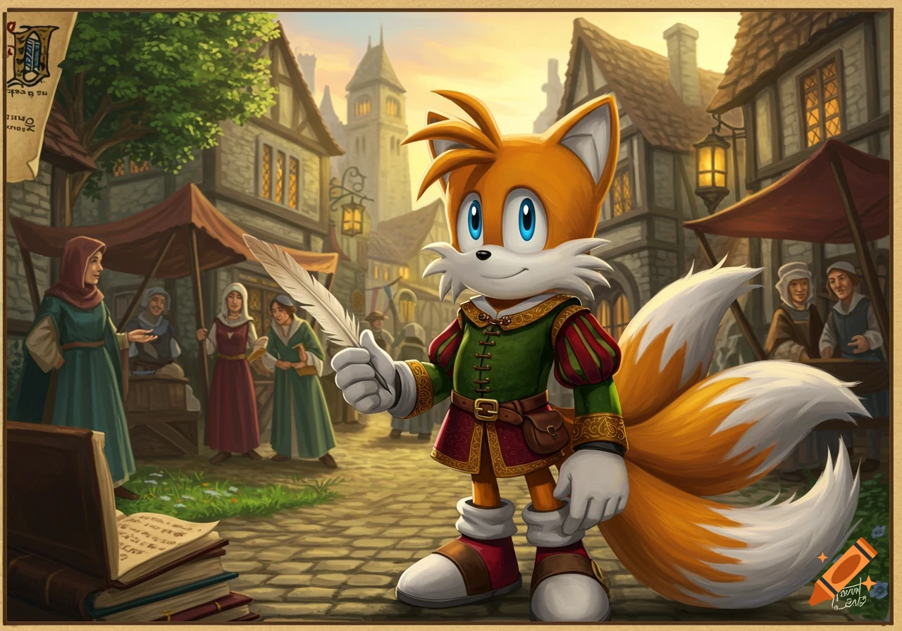 Tails from Sonic dressed in medieval attire, holding a quill, standing on a cobblestone street in a bustling medieval village.