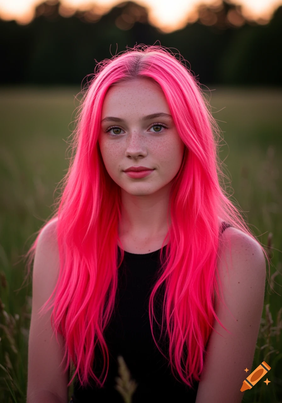 A young woman with bright neon pink hair and freckles stares directly at the viewer in a soft-focus outdoor portrait.