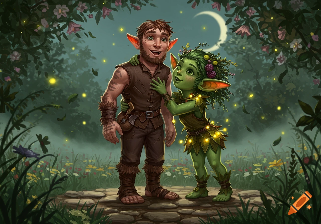 A happy human man embraces a green goblin girl in an enchanted forest at night, with fireflies and a crescent moon.
