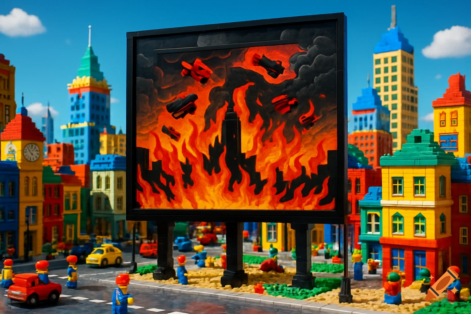 Vibrant Lego city with a large billboard in the foreground depicting a fiery apocalypse with falling debris.