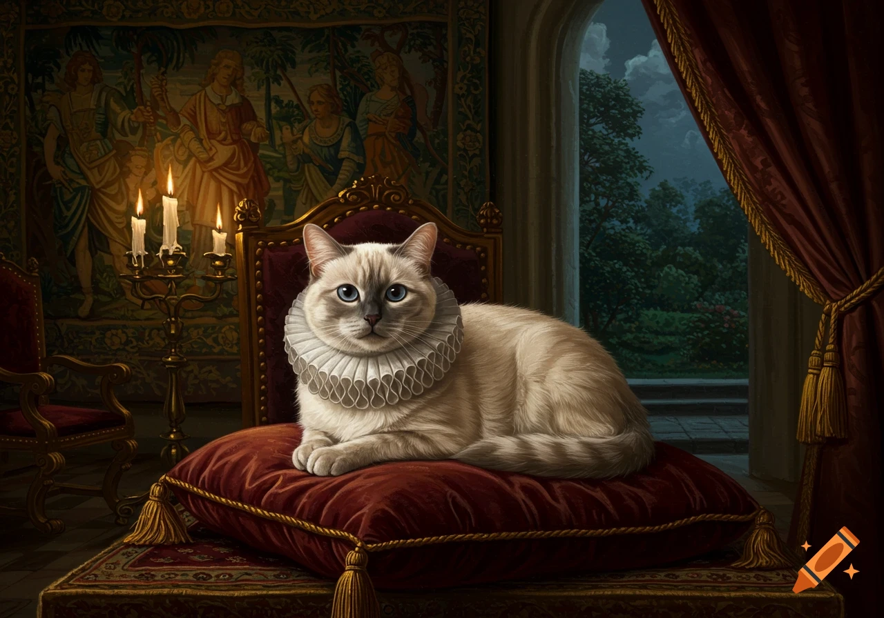 A cream-colored cat with blue eyes and an Elizabethan ruff sits on a red velvet cushion in a richly decorated historical room.