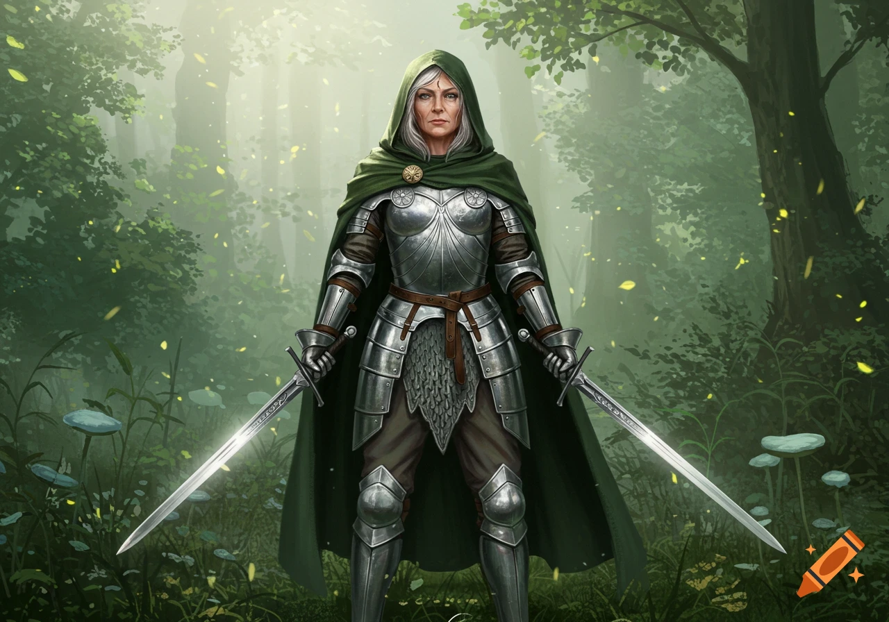 An older female soldier in silver armor and a green hooded cloak holds two swords in a misty forest, fantasy art style.