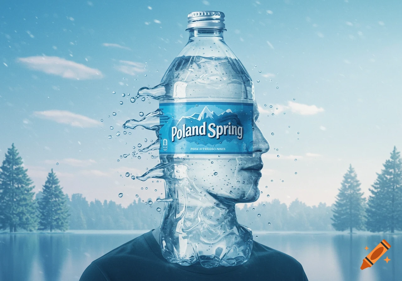 A man's head and neck transforming into a Poland Spring water bottle with water splashing, against a snowy lake and pine tree background.