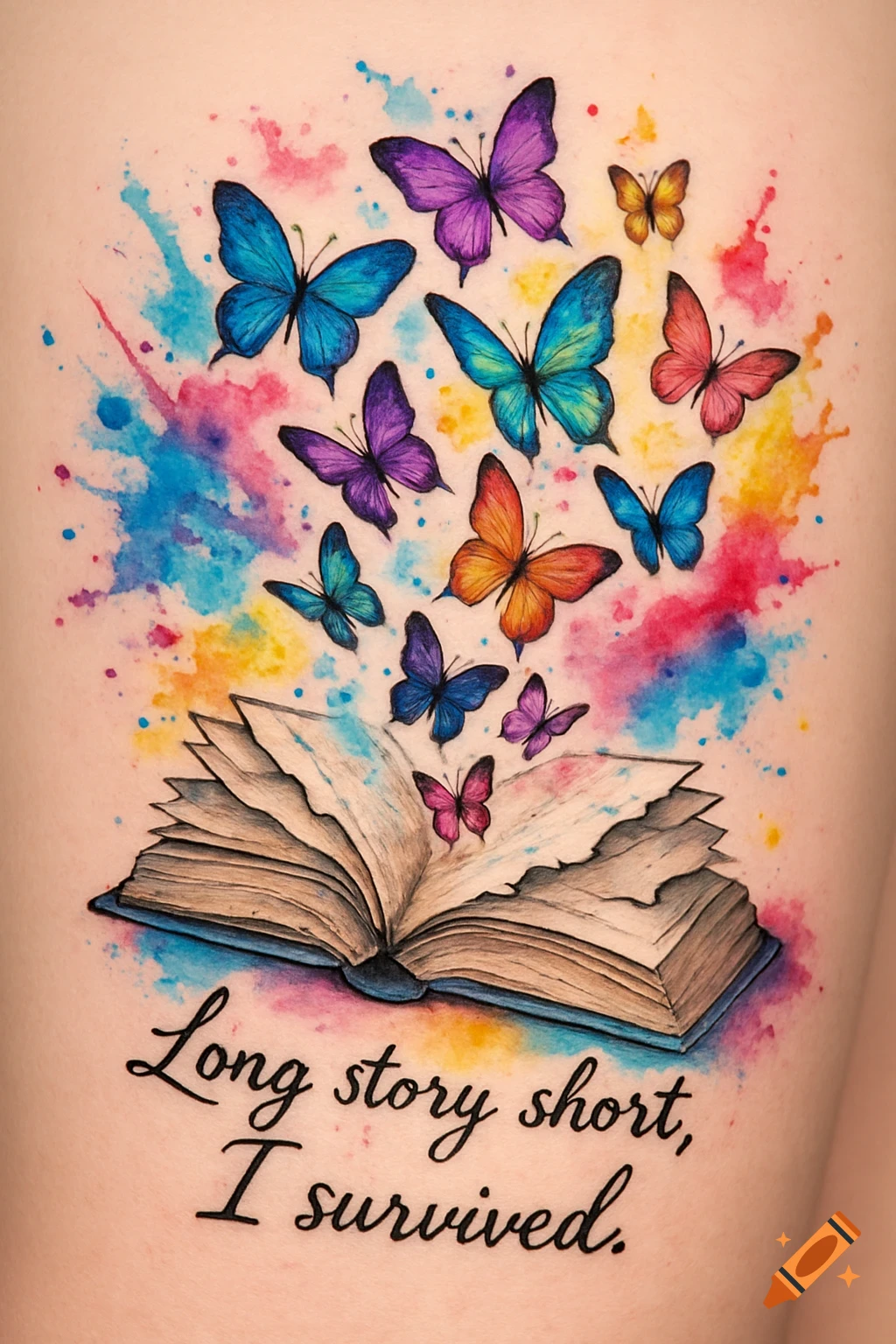 Vibrant watercolor tattoo design of colorful butterflies flying from an open book, surrounded by paint splatters, with the quote 'Long story short, I survived.'