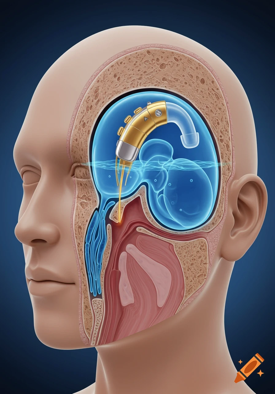 A cross-section illustration of a human head showing a gold and silver cochlear implant positioned inside the inner ear and nasal passages.