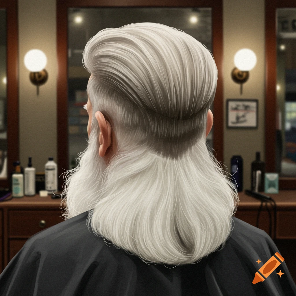 Back view of an elderly man with a grey undercut and a massive white beard in a barbershop.