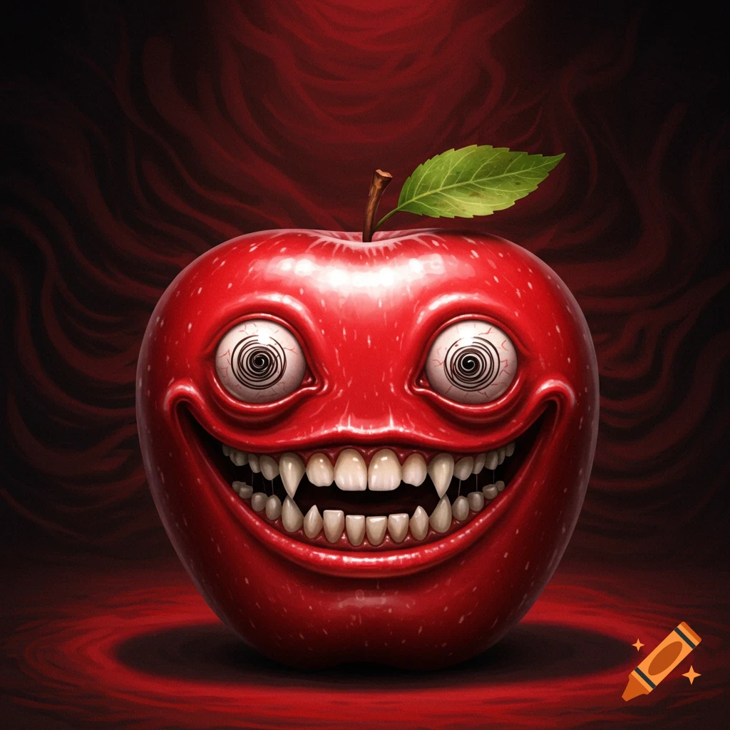 A red apple with a creepy wide smile, sharp fangs, and large spiraling eyes on a dark red background.