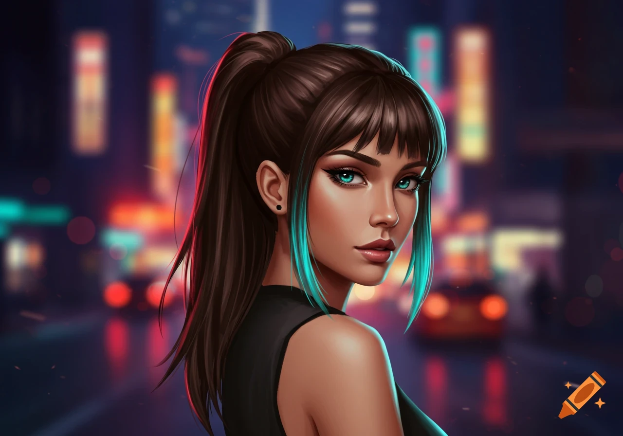 A digital art portrait of a woman with a ponytail, turquoise bangs, and teal eyes, looking over her shoulder against a blurred neon city.