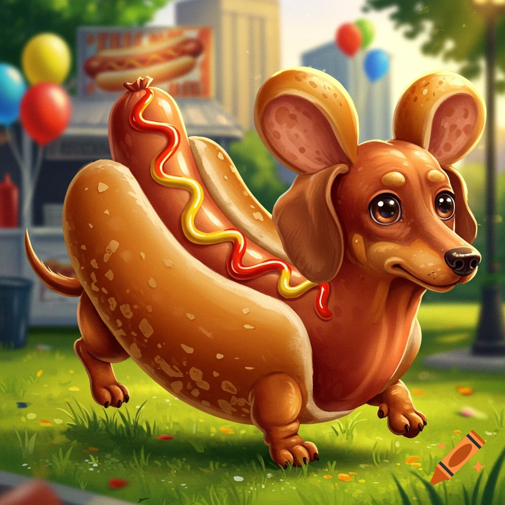 Cartoon dachshund-like dog in a hot dog bun with ketchup and mustard, running on grass in a park.