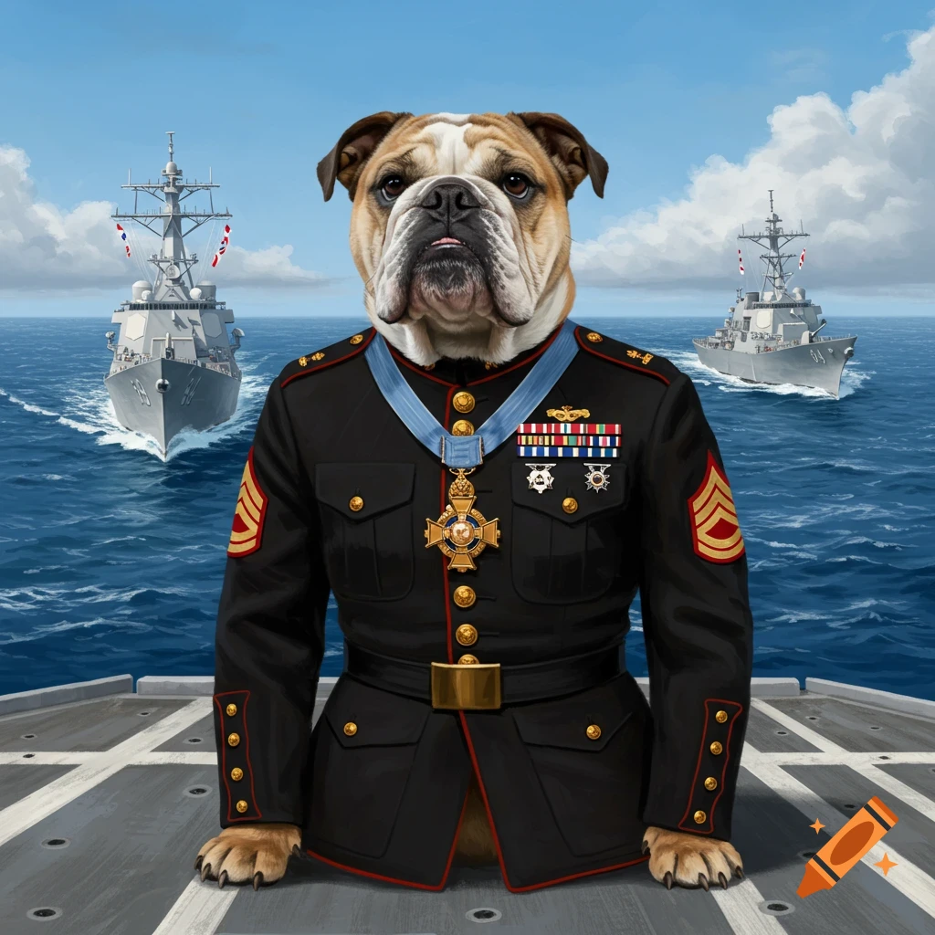 A bulldog in a dark Marine Corps uniform with medals stands on a ship deck, with two destroyers sailing in the ocean behind it.