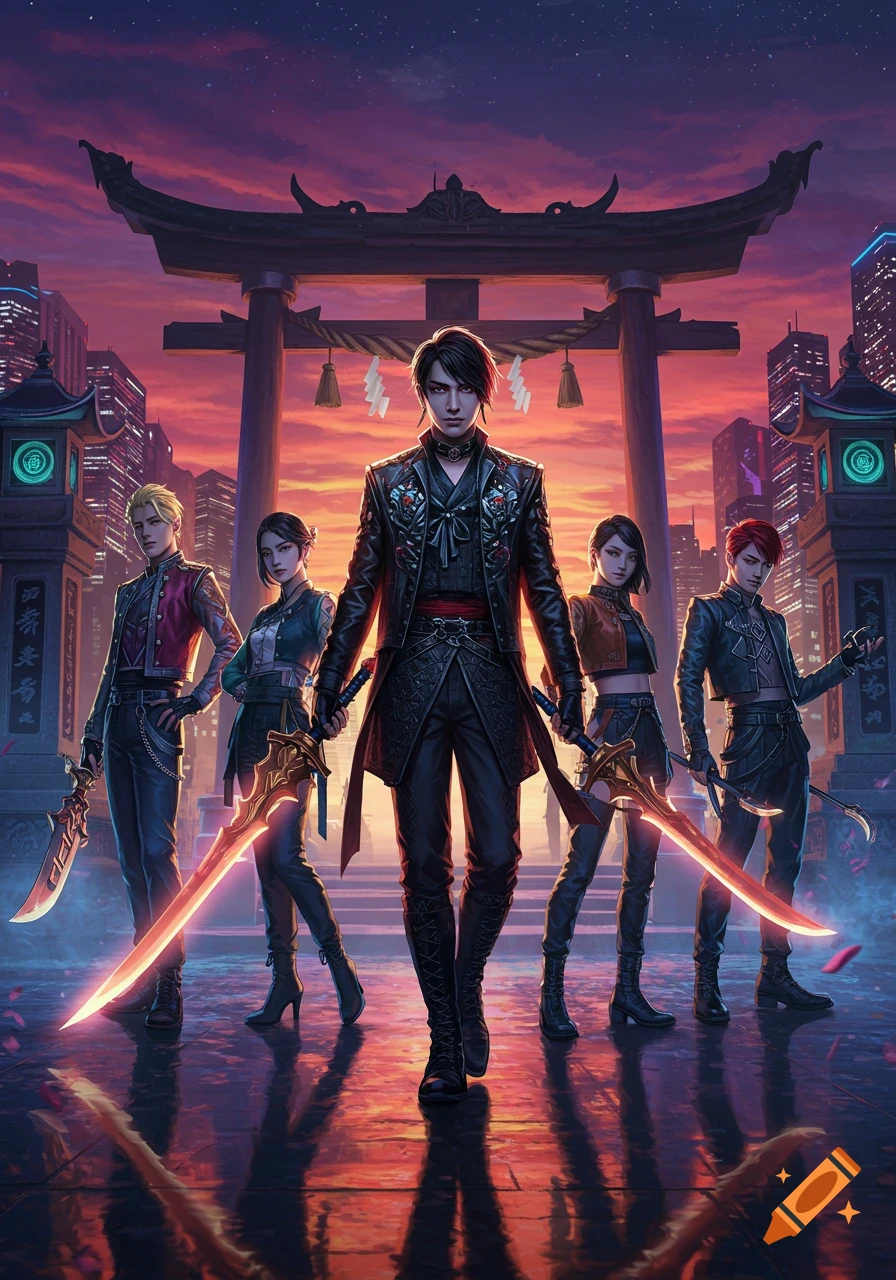 Five Kpop-style demon hunters in dark attire stand with glowing swords before a Japanese torii gate and city skyline at sunset, reflecting on wet ground.