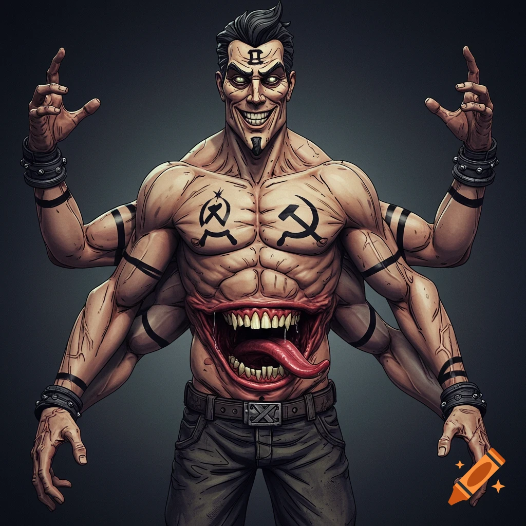 A stylized, muscular man with multiple arms and a second mouth on his stomach with fangs and a tongue, wearing only pants, smiles manically. He has symbols on his forehead and chest. Comic art style.
