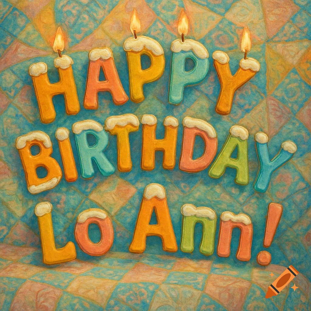 Colorful cookie-like candle letters spelling 'Happy Birthday Lo Ann!' on a patterned quilt background.