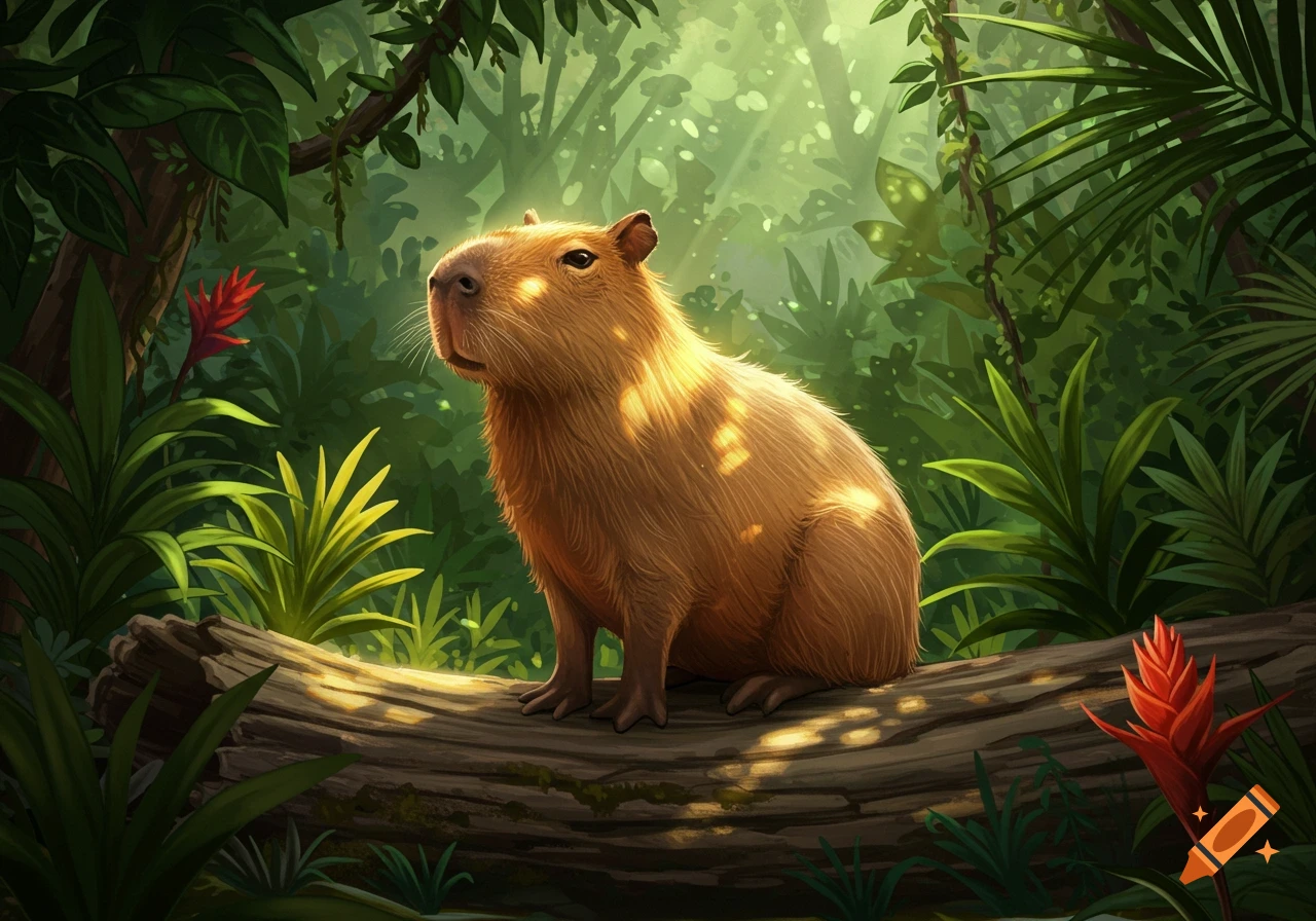 A capybara sits on a mossy log in a lush, sun-dappled jungle, looking slightly upward. Digital art.