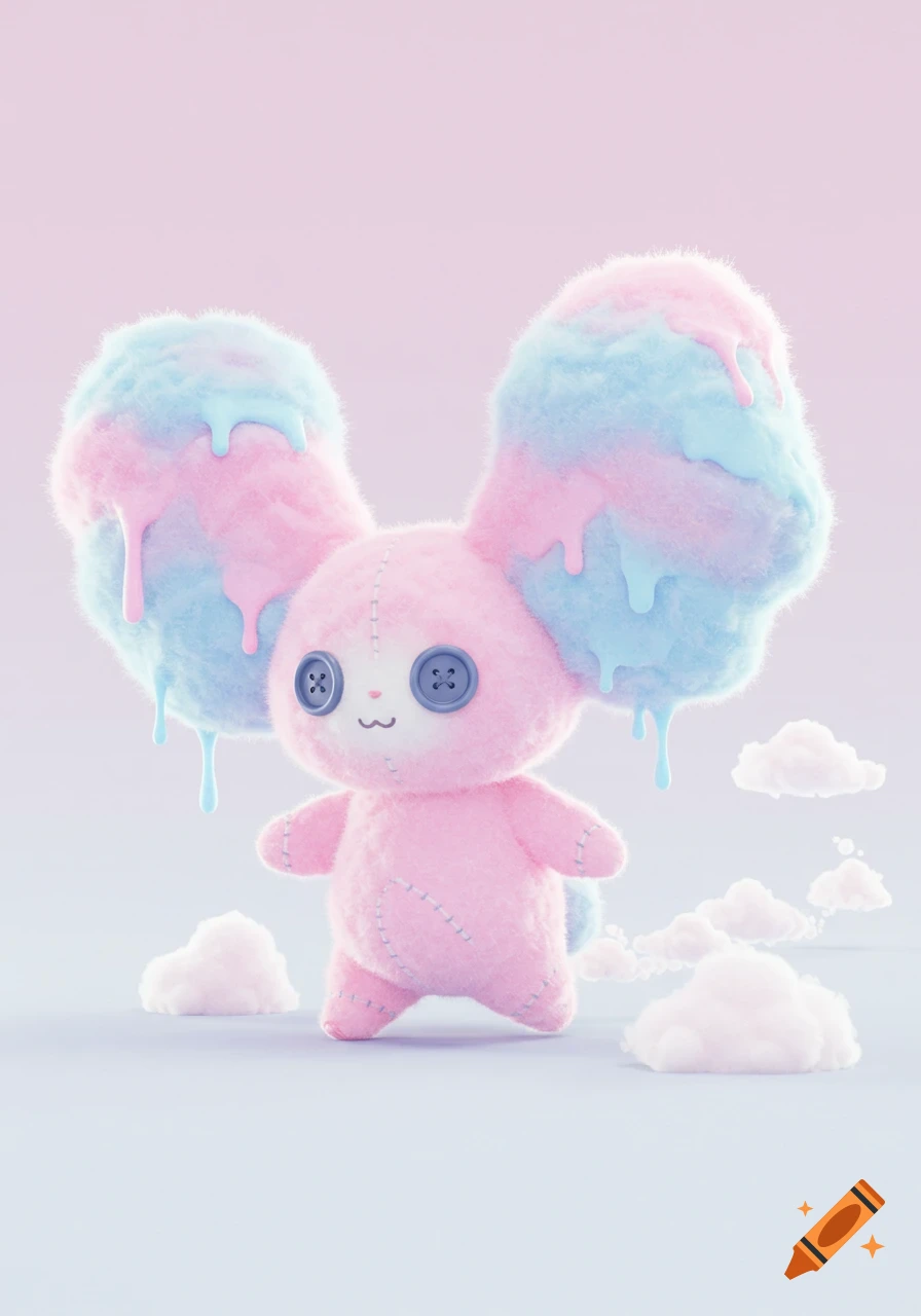 A cute pink plush bunny creature with melting blue and pink cotton candy ears, button eyes, on a pastel ground with clouds.