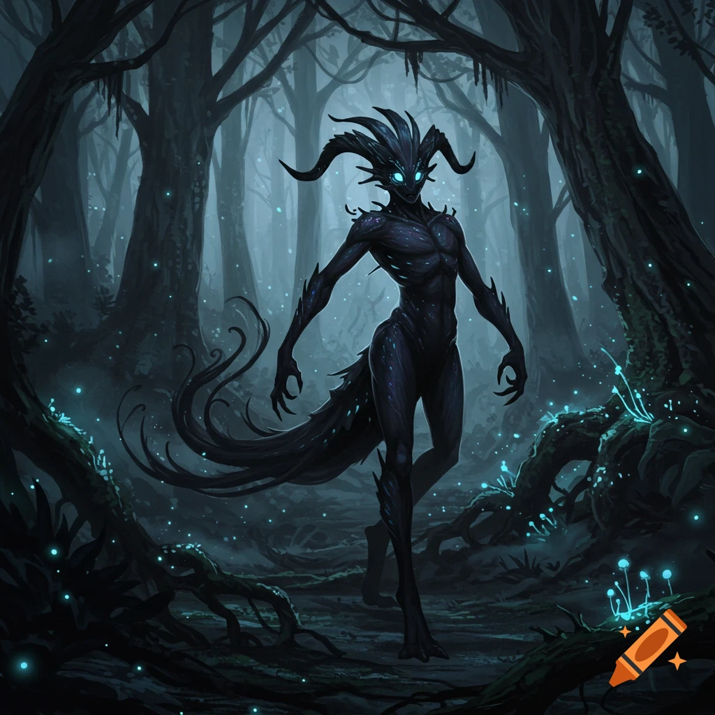 A dark fantasy creature with horns and glowing blue eyes walks through a mystical, dimly lit forest with glowing blue mushrooms.