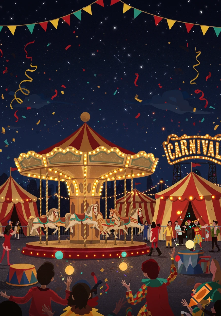 An illustrative night scene of a bustling carnival with a brightly lit carousel, tents, people, and confetti under a starry sky.