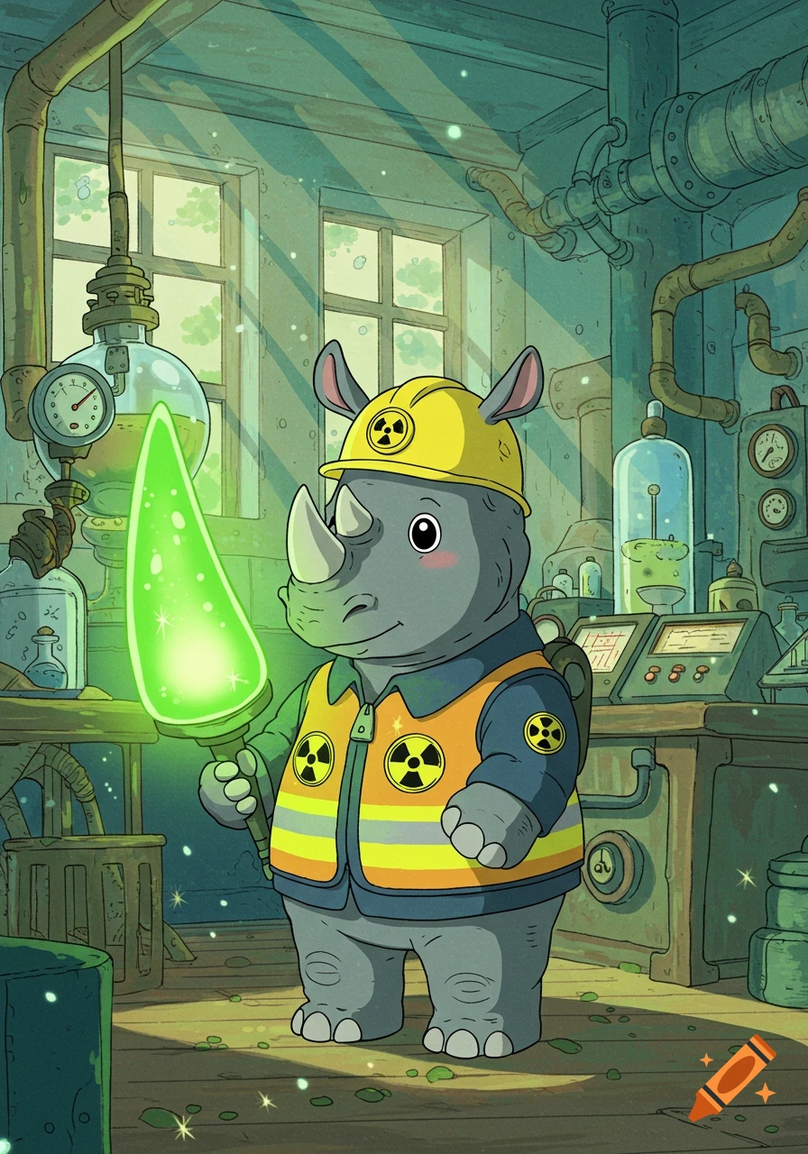 A cute cartoon rhino radiation safety officer in a yellow hard hat and safety vest holds a glowing green horn in a Studio Ghibli-style science lab.