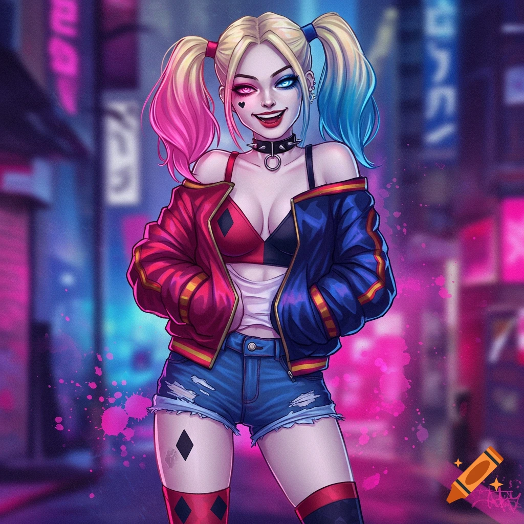 Stylized illustration of Harley Quinn with pink and blue pigtails, wearing a red and blue jacket, bra, denim shorts, and thigh-high socks in a neon cityscape.
